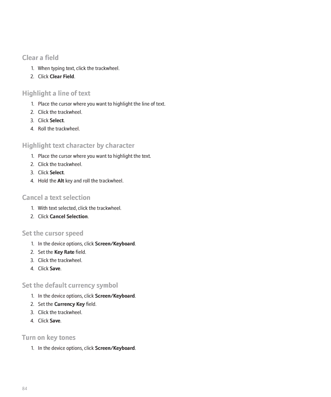 Blackberry 8700 Clear a field, Highlight a line of text, Highlight text character by character, Cancel a text selection 