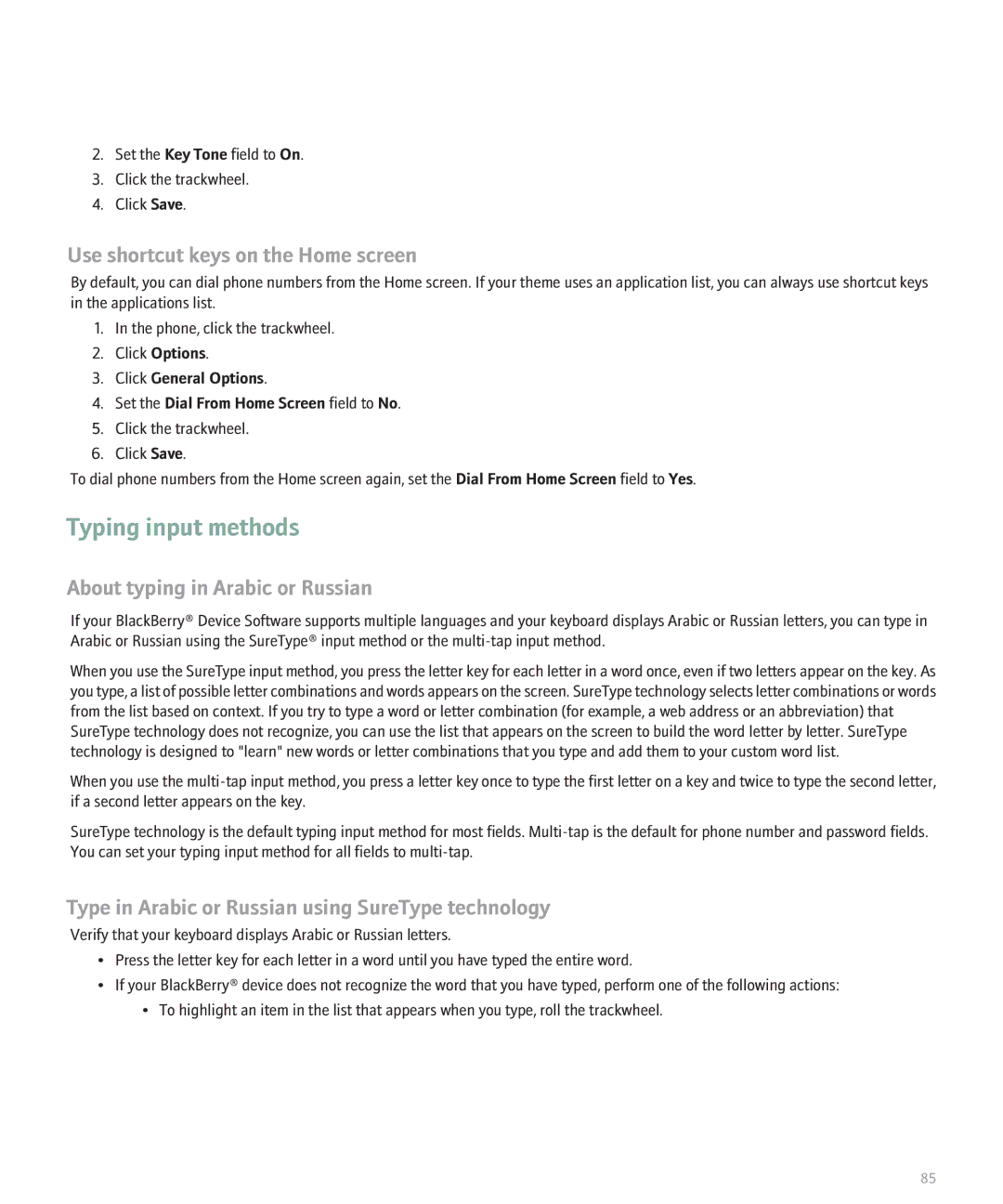 Blackberry 8700 manual Typing input methods, Use shortcut keys on the Home screen, About typing in Arabic or Russian 
