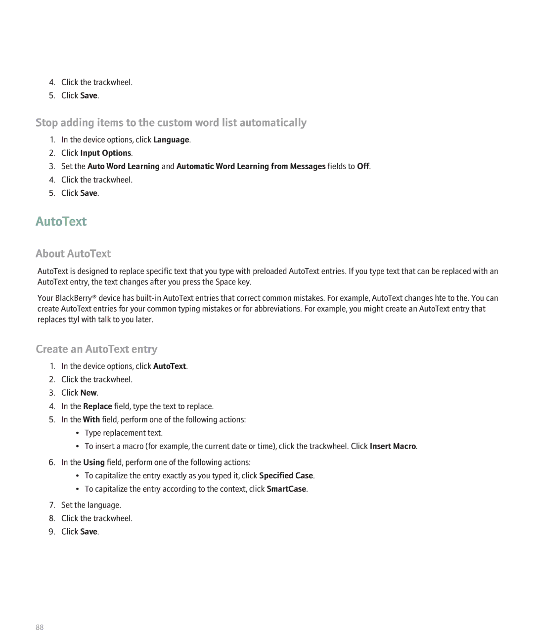 Blackberry 8700 Stop adding items to the custom word list automatically, About AutoText, Create an AutoText entry 