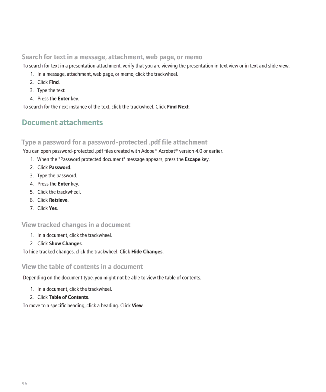 Blackberry 8700 manual Document attachments, View tracked changes in a document, View the table of contents in a document 