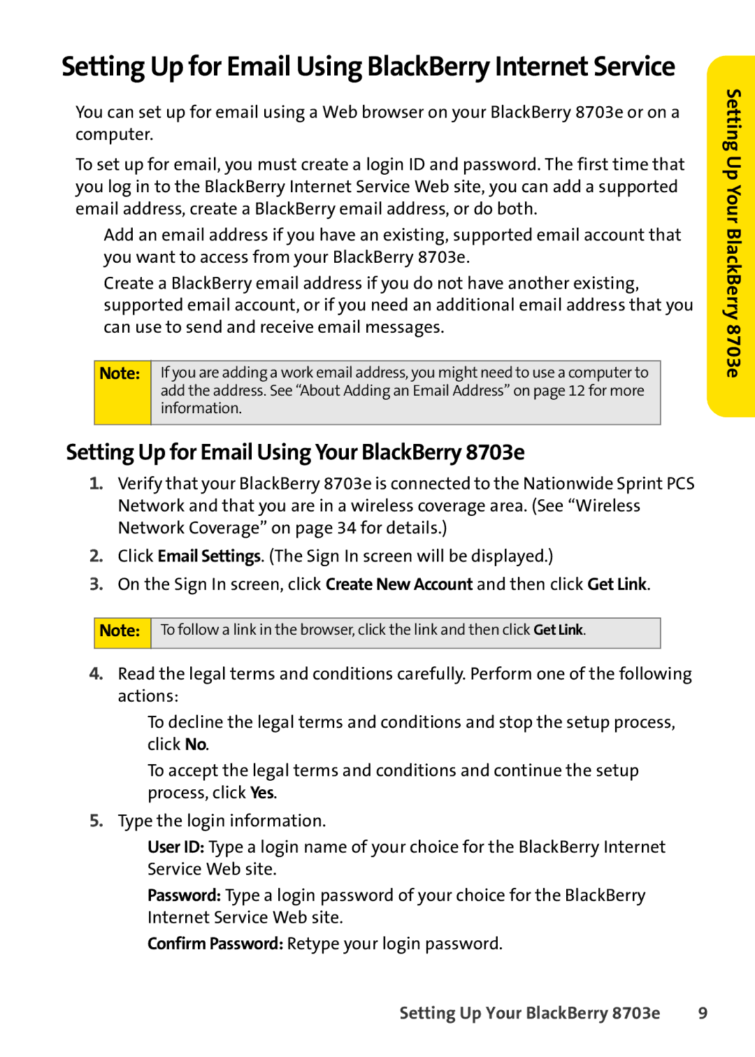 Blackberry Setting Up for Email Using BlackBerry Internet Service, Setting Up for Email Using Your BlackBerry 8703e 