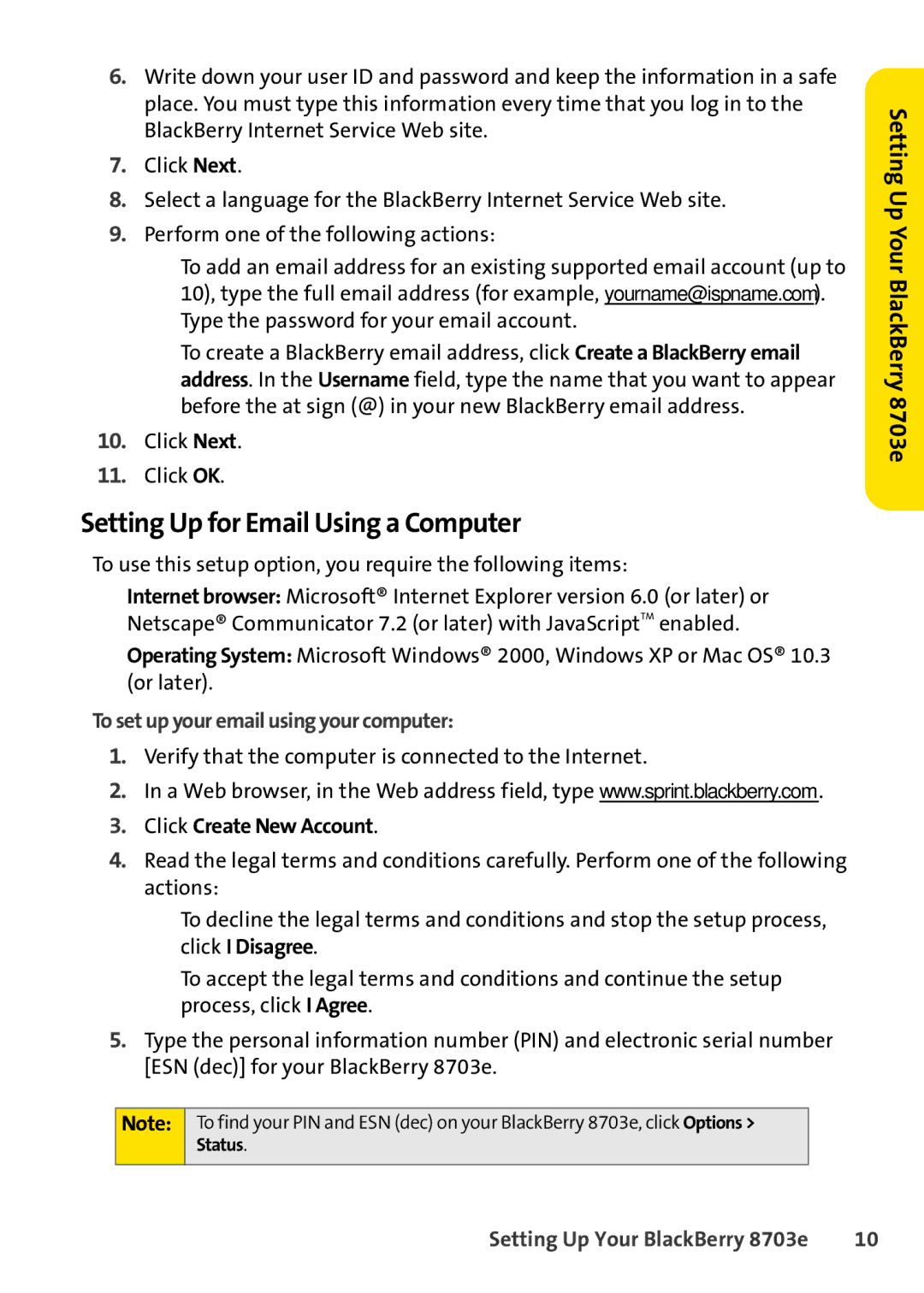 Blackberry 8703e Setting Up for Email Using a Computer, To set up your email using your computer, Click Create New Account 