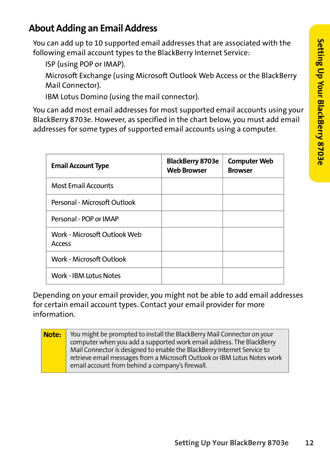 Blackberry 8703e manual About Adding an Email Address, Email Account Type, Web Browser 