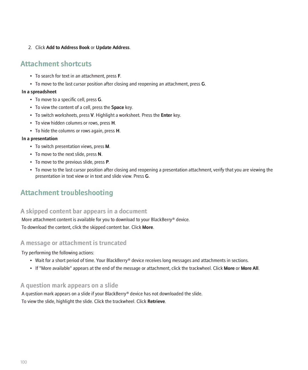 Blackberry 8707 Series manual Attachment troubleshooting, Skipped content bar appears in a document 