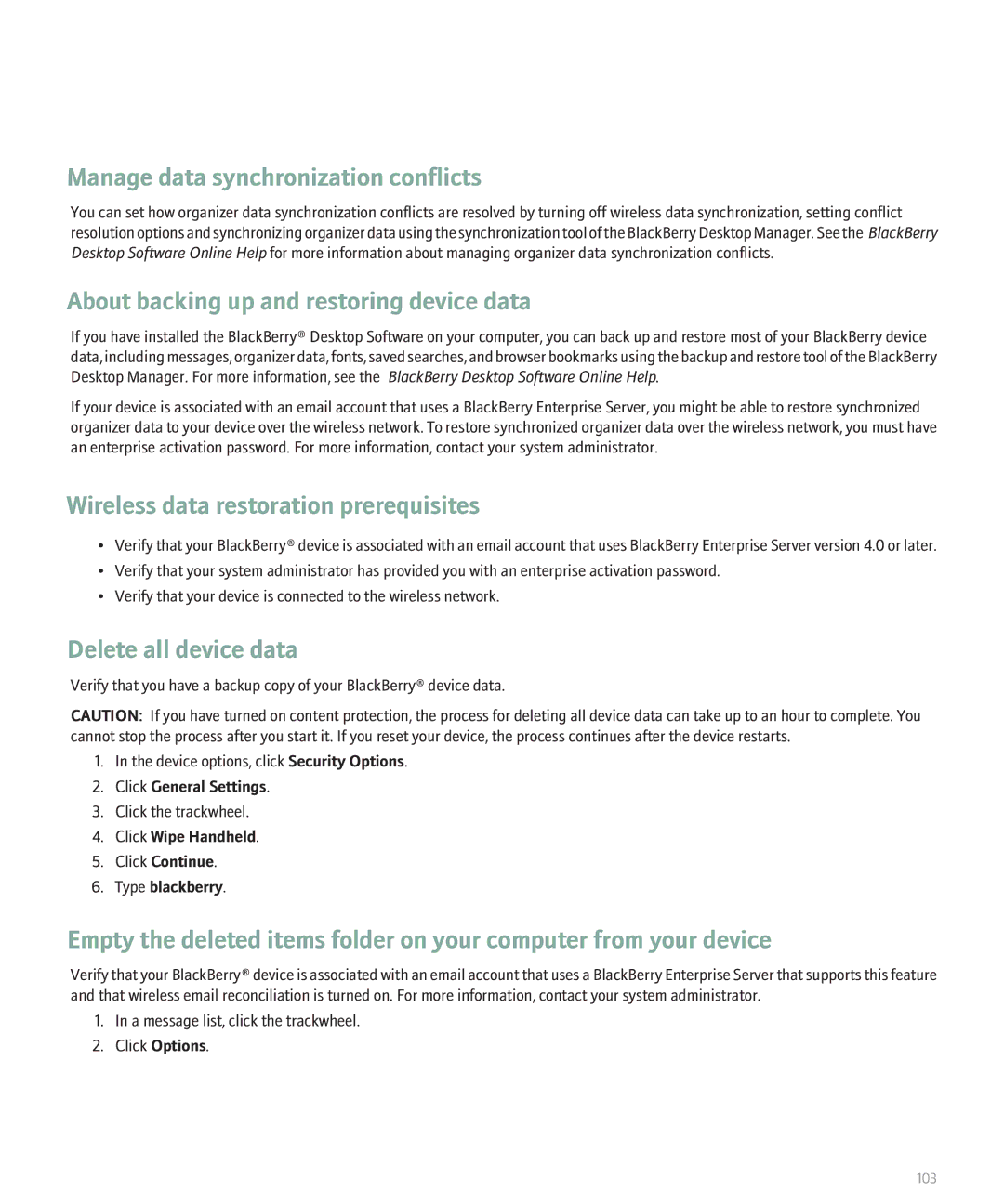 Blackberry 8707 Series manual Manage data synchronization conflicts, About backing up and restoring device data 