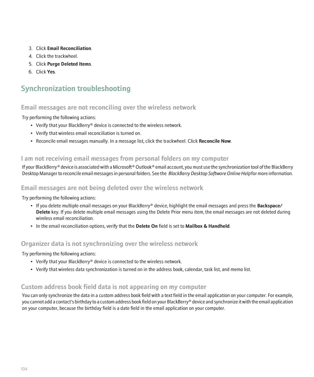 Blackberry 8707 Series manual Synchronization troubleshooting, Click Purge Deleted Items 