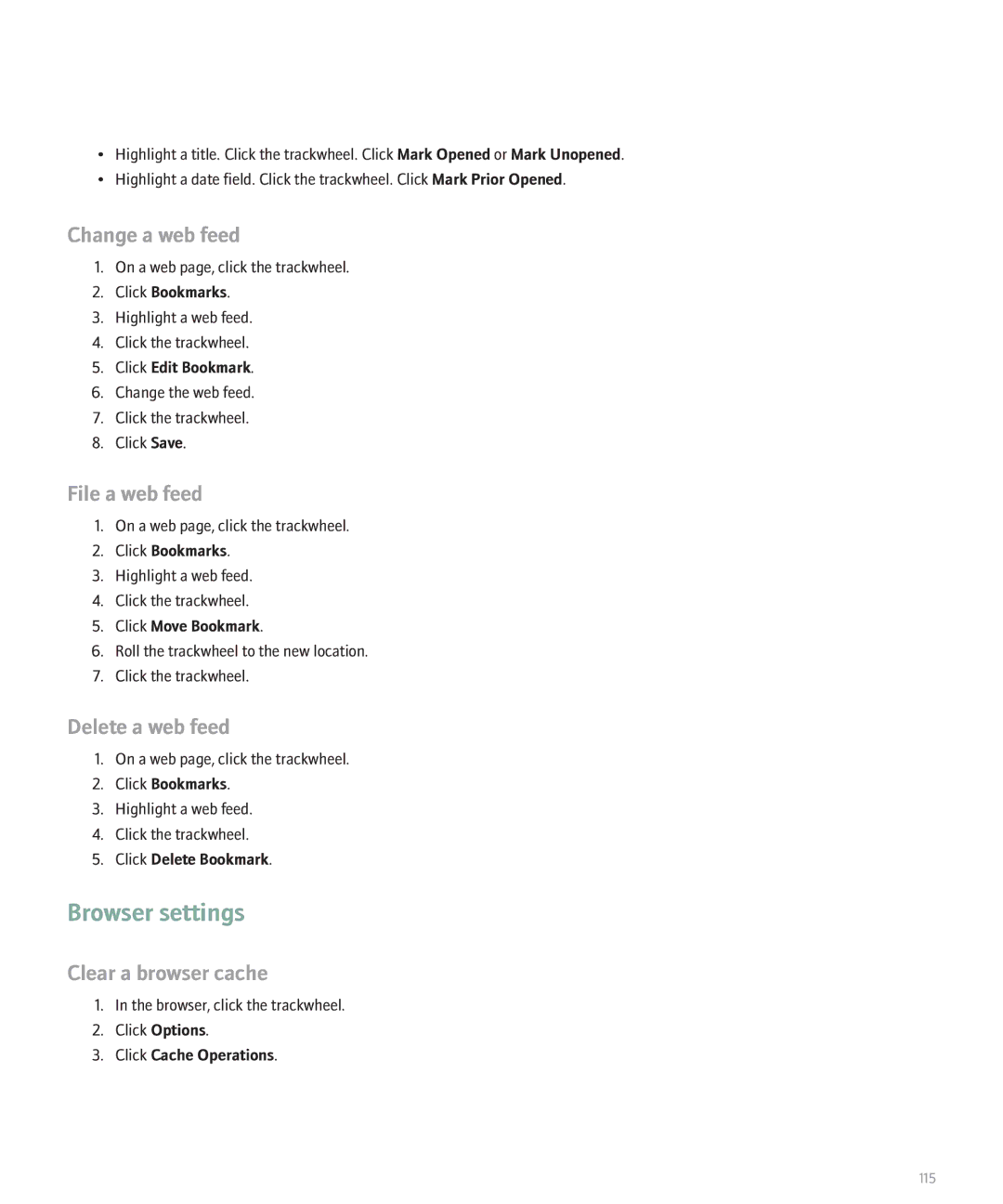 Blackberry 8707 Series Browser settings, Change a web feed, File a web feed, Delete a web feed, Clear a browser cache 
