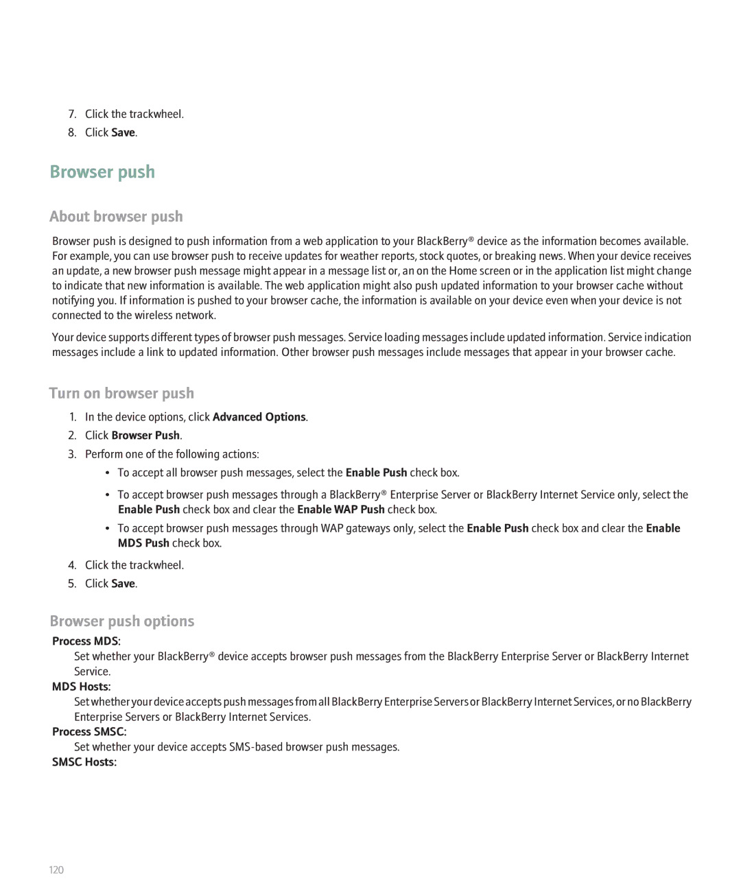 Blackberry 8707 Series manual About browser push, Turn on browser push, Browser push options 