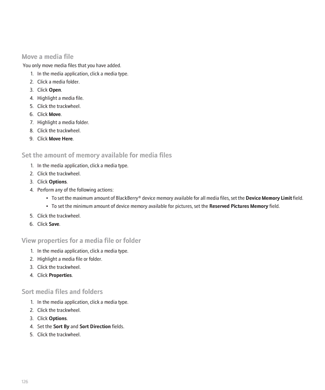 Blackberry 8707 Series Move a media file, Set the amount of memory available for media files, Sort media files and folders 