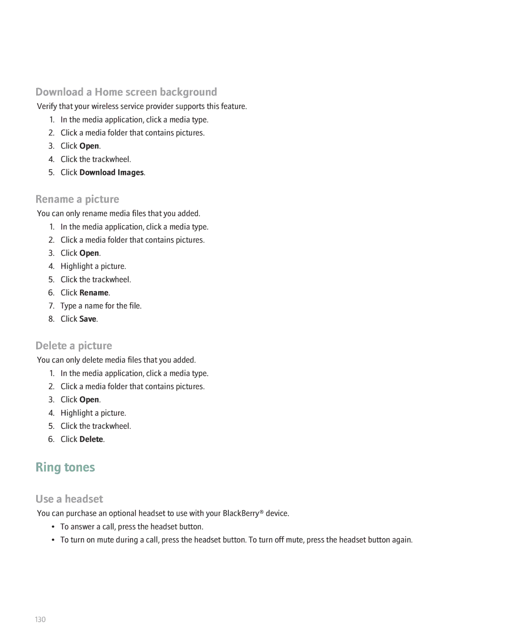 Blackberry 8707 Series manual Ring tones, Download a Home screen background, Rename a picture, Delete a picture 