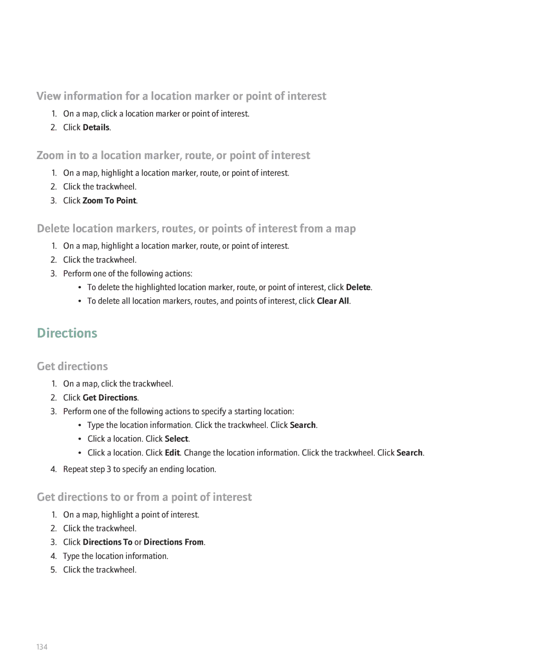 Blackberry 8707 Series manual Directions, View information for a location marker or point of interest, Get directions 