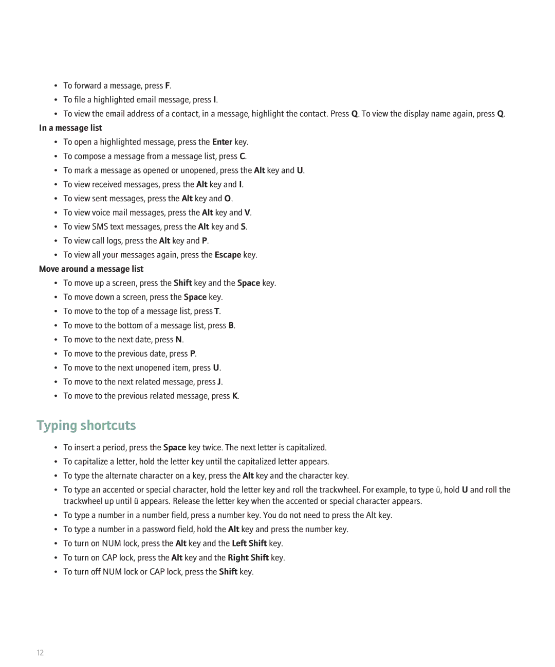 Blackberry 8707 Series manual Typing shortcuts, A message list, Move around a message list 