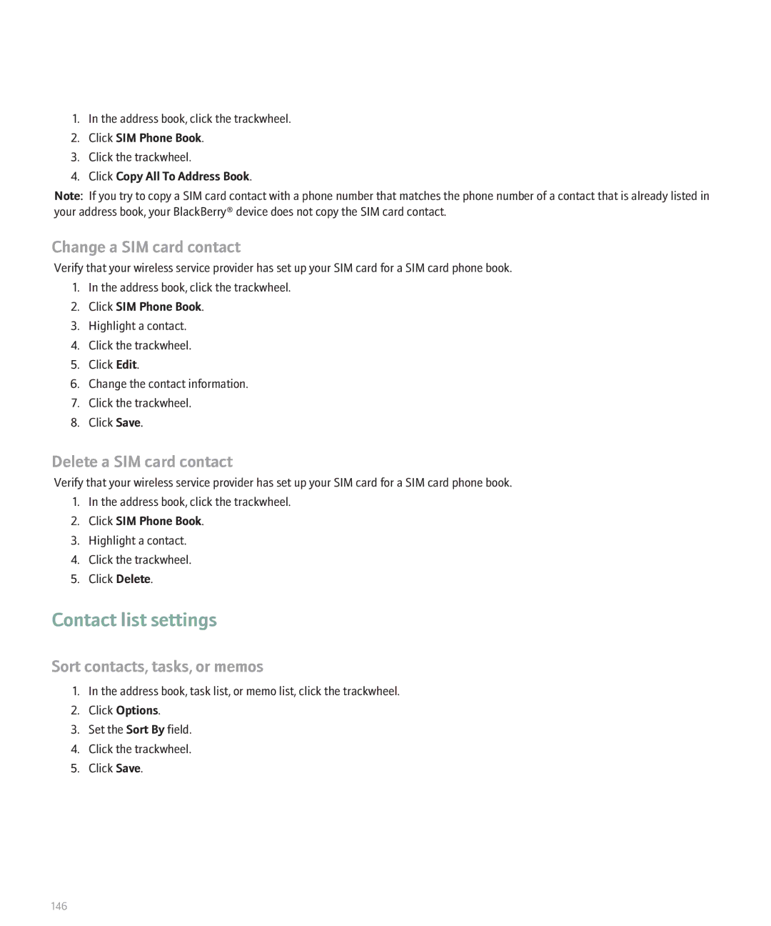 Blackberry 8707 Series manual Contact list settings, Change a SIM card contact, Delete a SIM card contact 