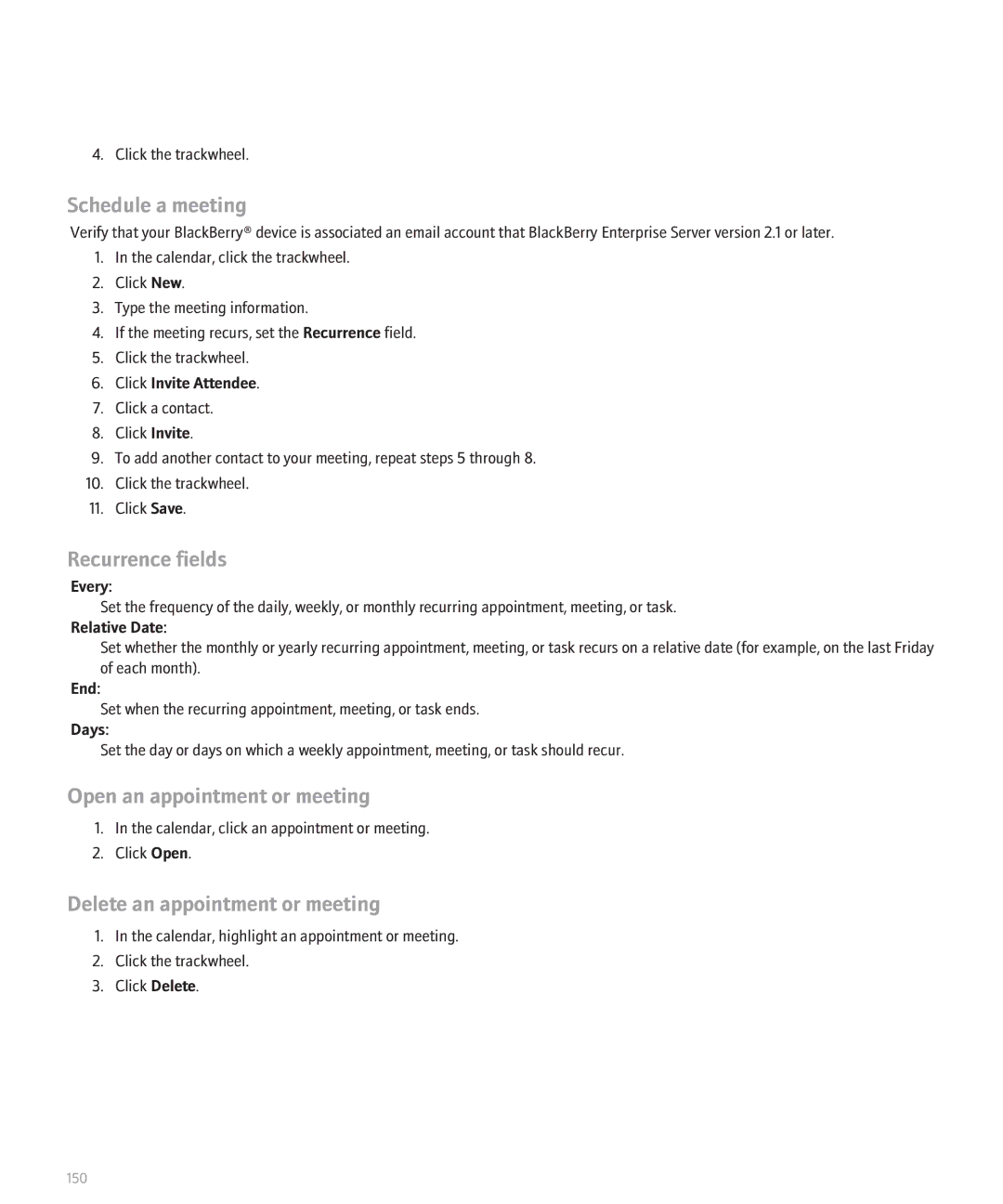 Blackberry 8707 Series manual Schedule a meeting, Recurrence fields, Open an appointment or meeting 