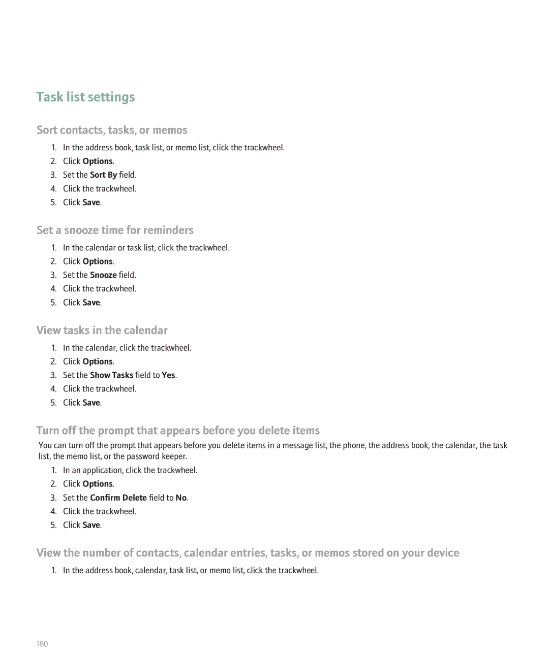 Blackberry 8707 Series manual Task list settings, Sort contacts, tasks, or memos 