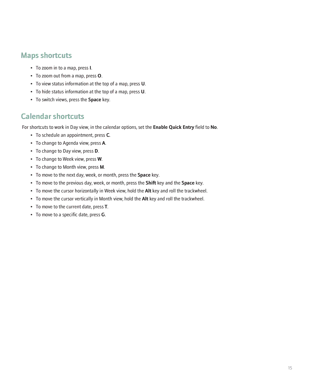 Blackberry 8707 Series manual Maps shortcuts, Calendar shortcuts 