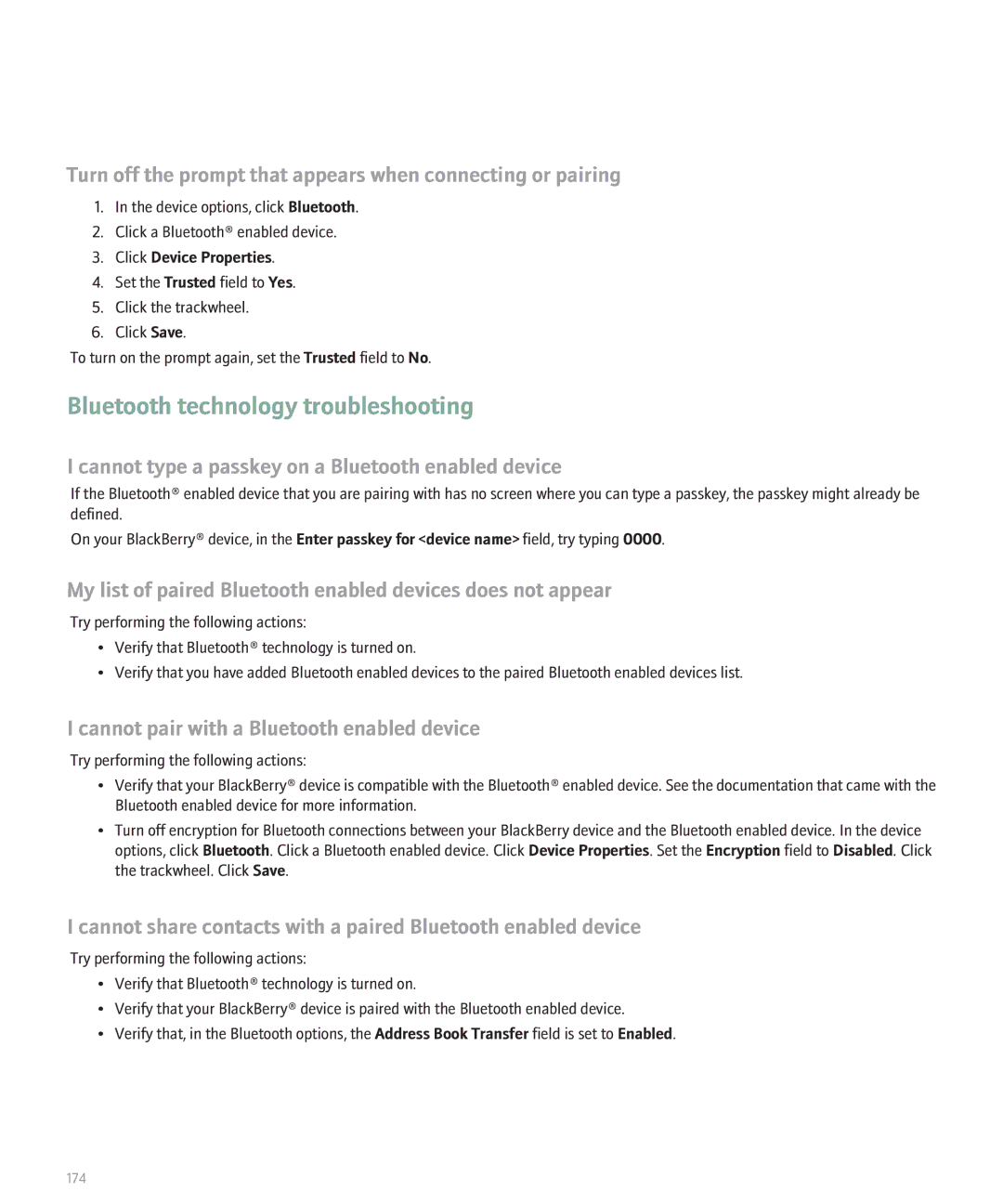 Blackberry 8707 Series Bluetooth technology troubleshooting, Turn off the prompt that appears when connecting or pairing 