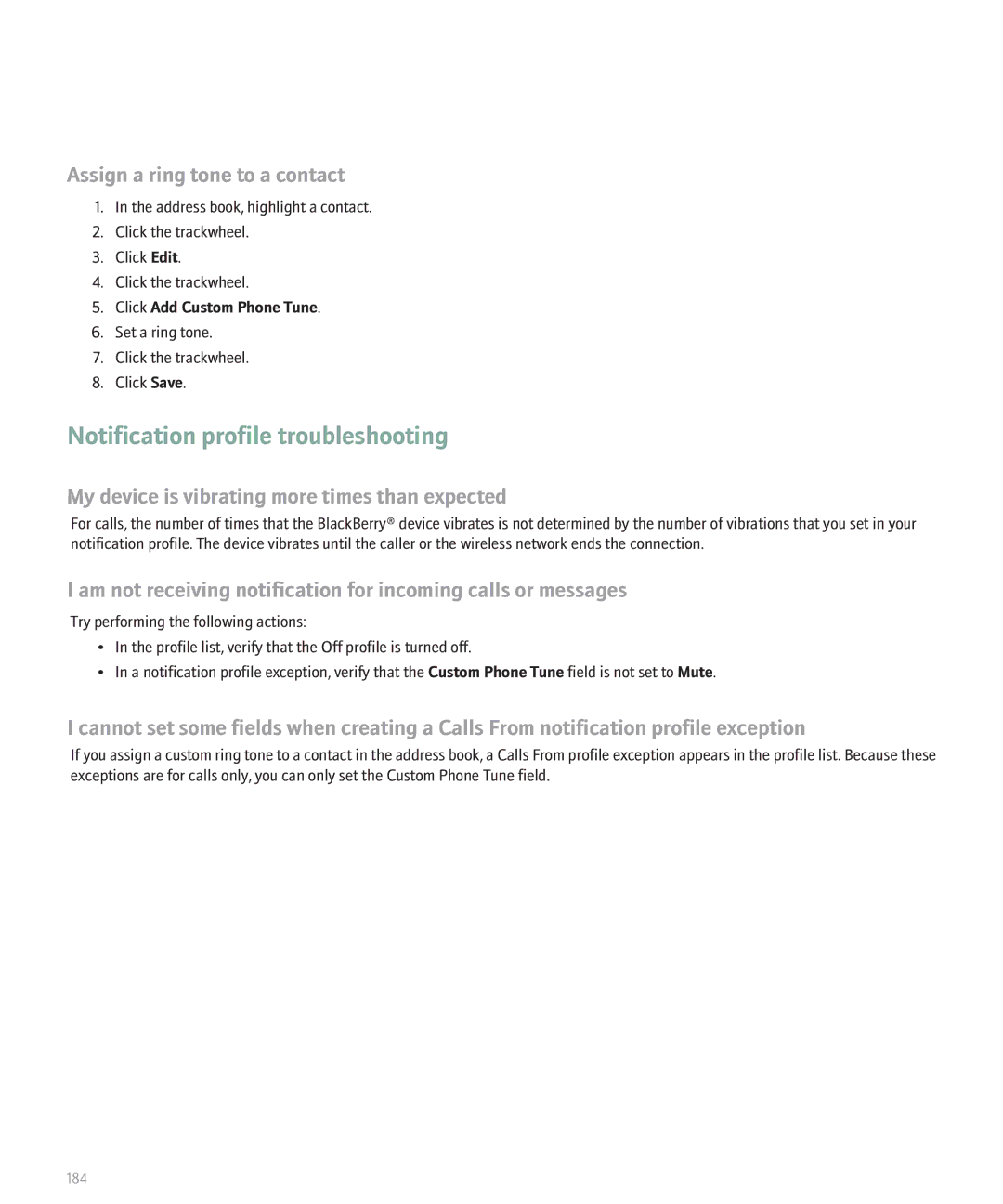 Blackberry 8707 Series manual Notification profile troubleshooting, My device is vibrating more times than expected 