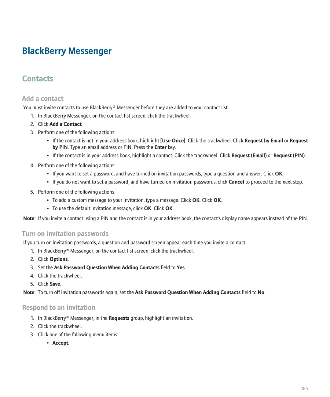 Blackberry 8707 Series manual BlackBerry Messenger, Contacts, Turn on invitation passwords, Respond to an invitation 