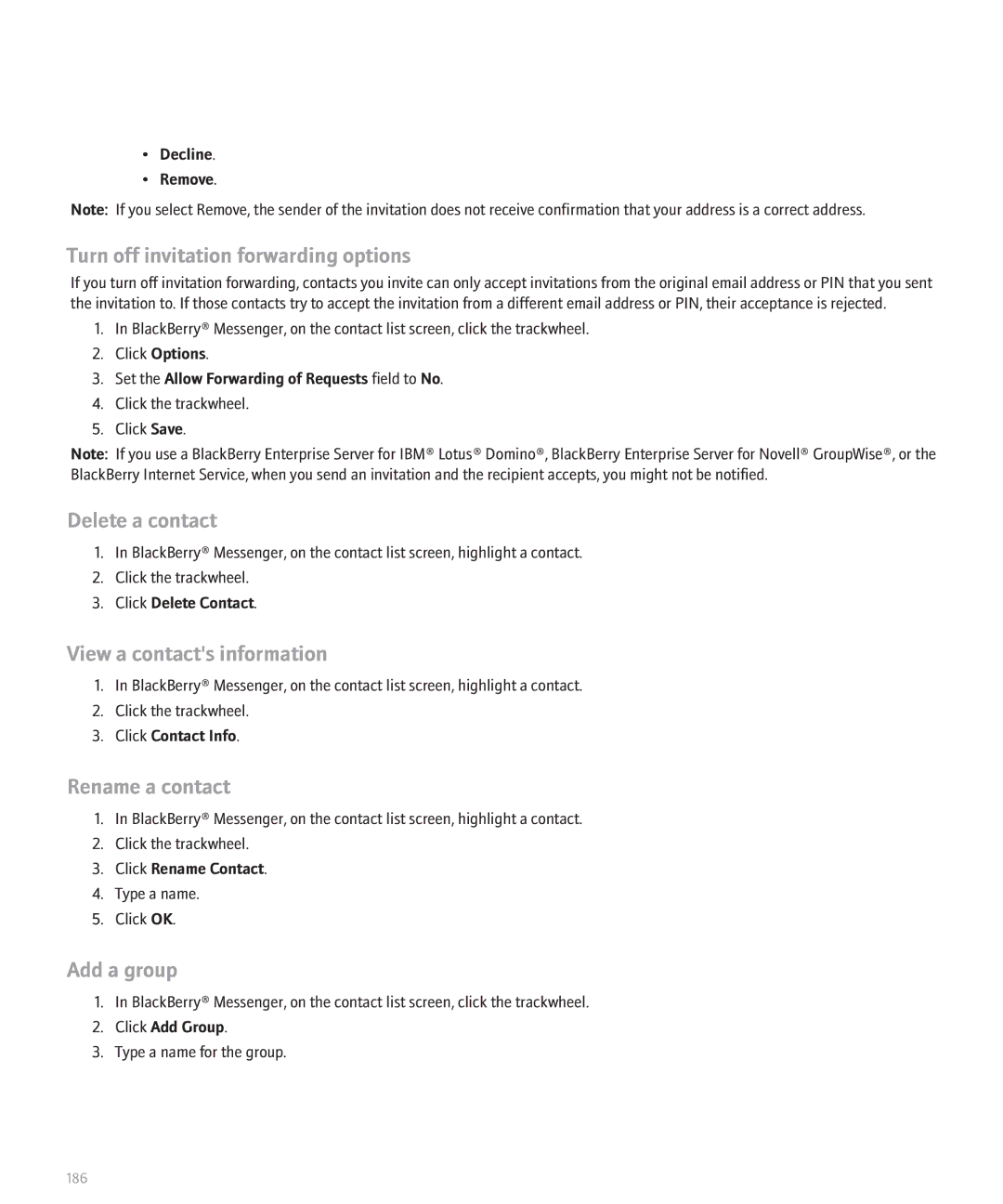 Blackberry 8707 Series Turn off invitation forwarding options, View a contacts information, Rename a contact, Add a group 