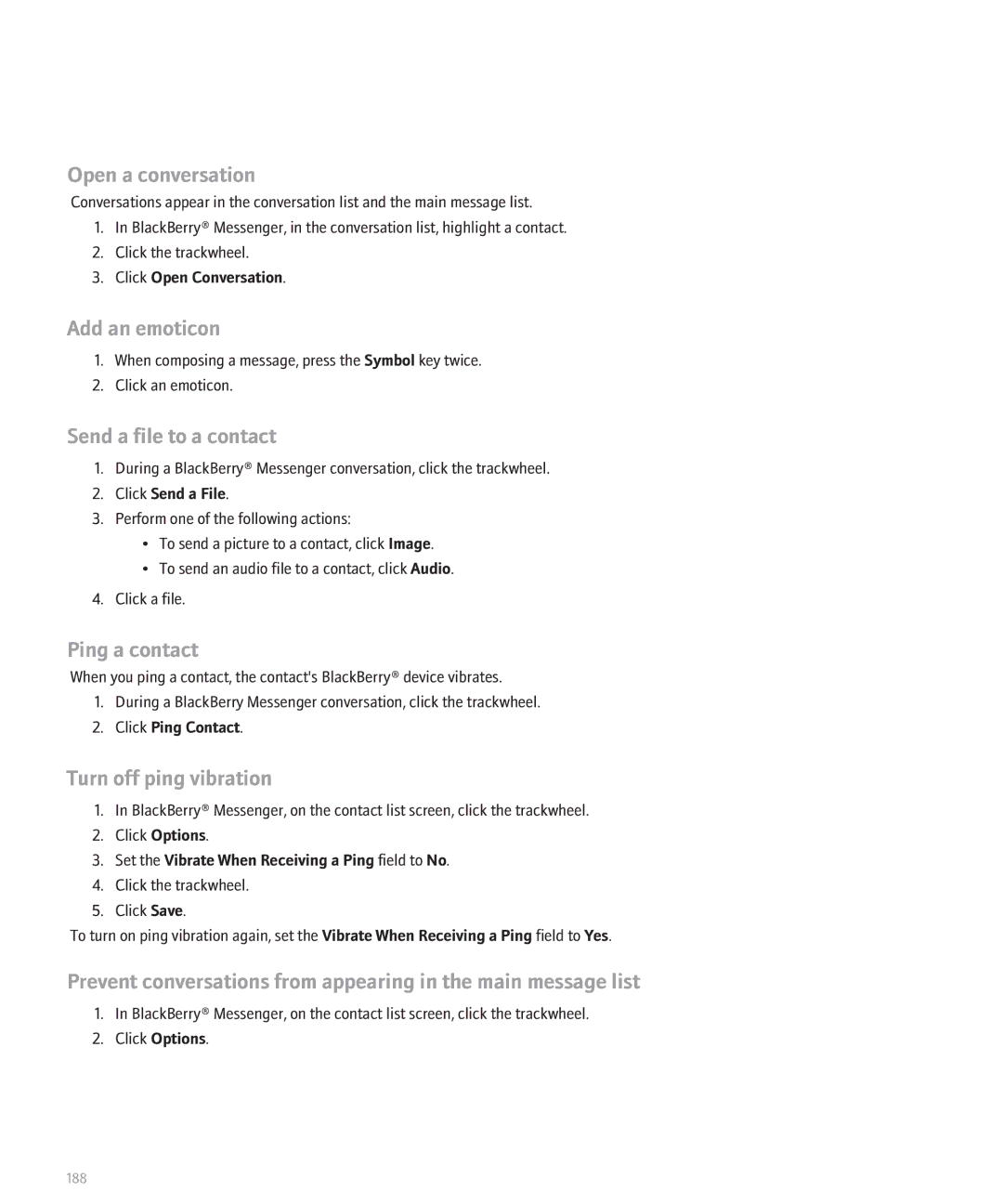 Blackberry 8707 Series manual Open a conversation, Add an emoticon, Send a file to a contact, Ping a contact 
