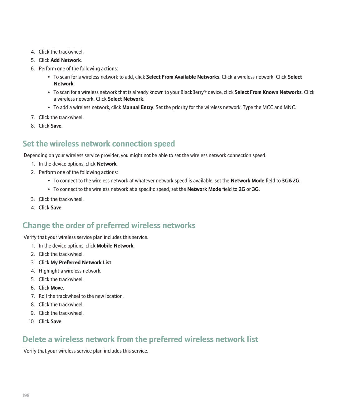 Blackberry 8707 Series manual Set the wireless network connection speed, Change the order of preferred wireless networks 