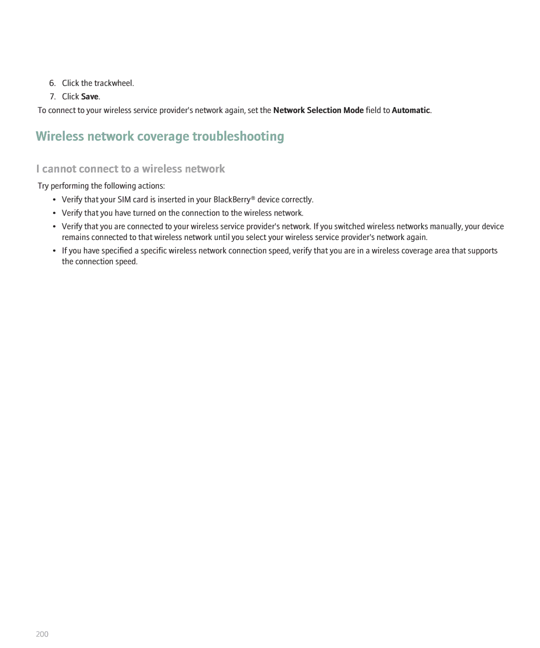 Blackberry 8707 Series manual Wireless network coverage troubleshooting, Cannot connect to a wireless network 