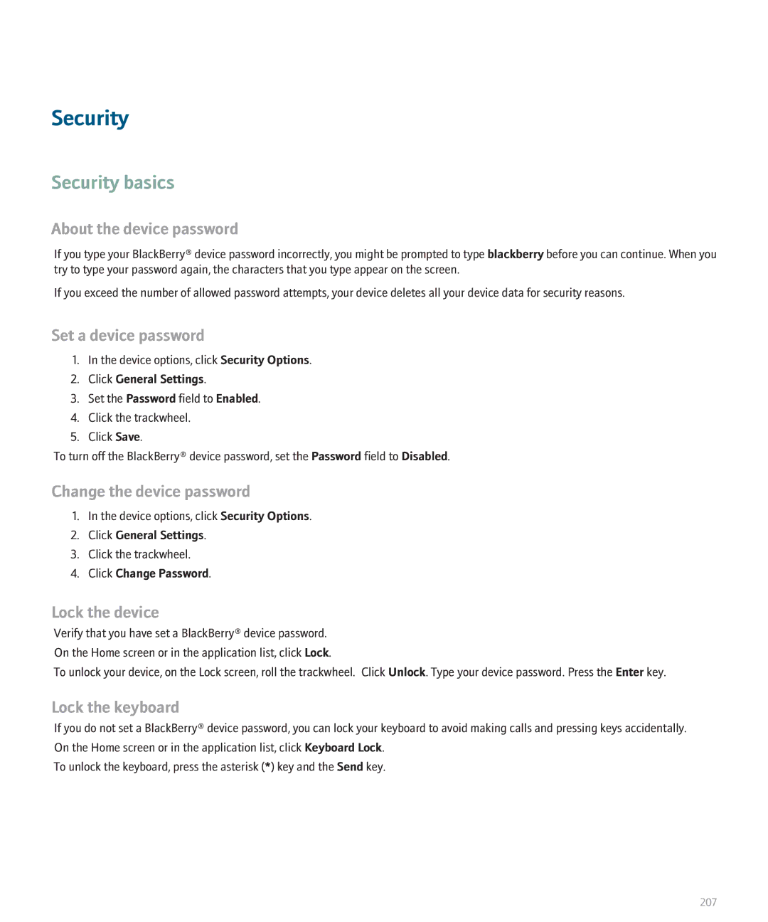 Blackberry 8707 Series manual Security basics 