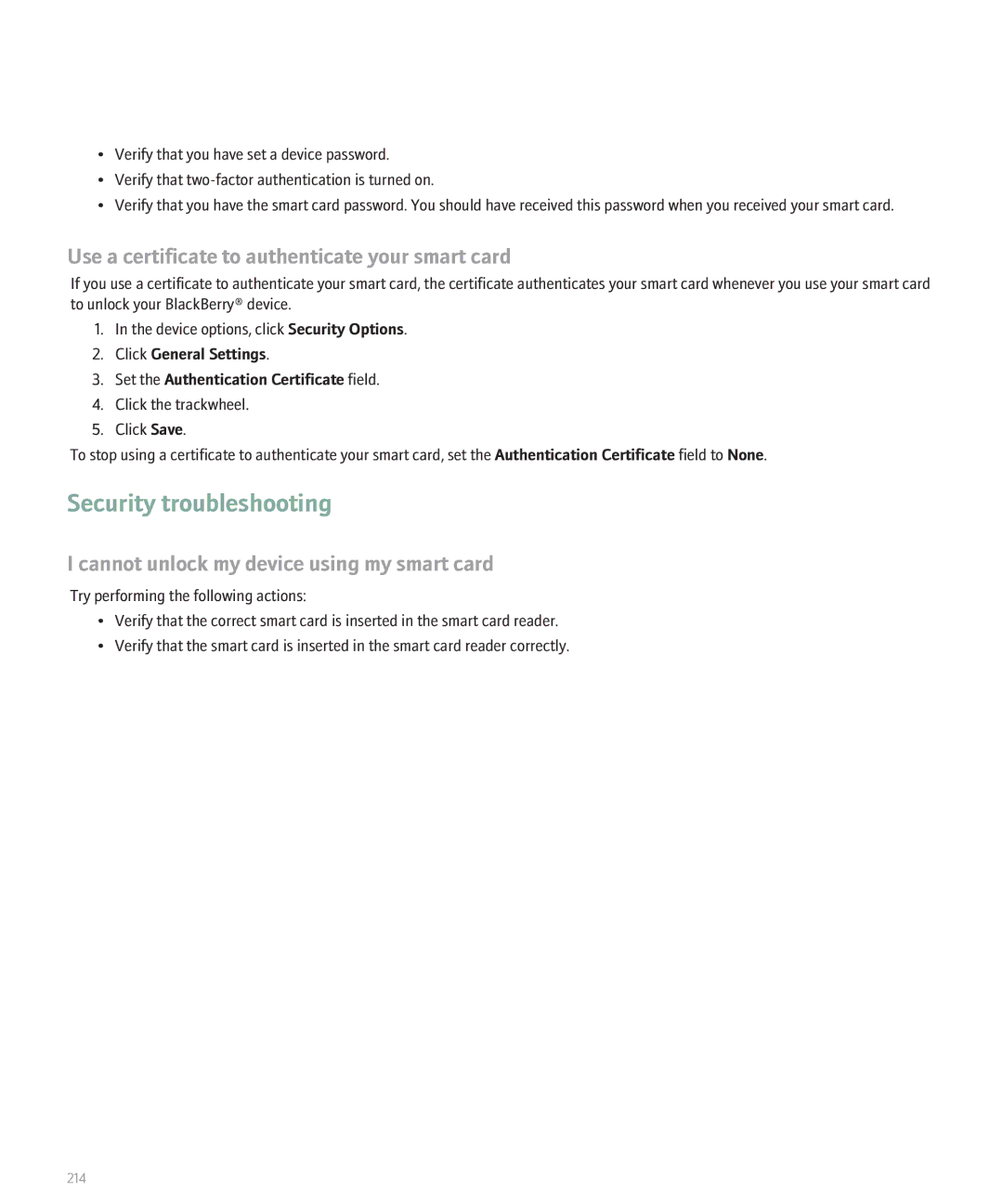 Blackberry 8707 Series manual Security troubleshooting, Use a certificate to authenticate your smart card 