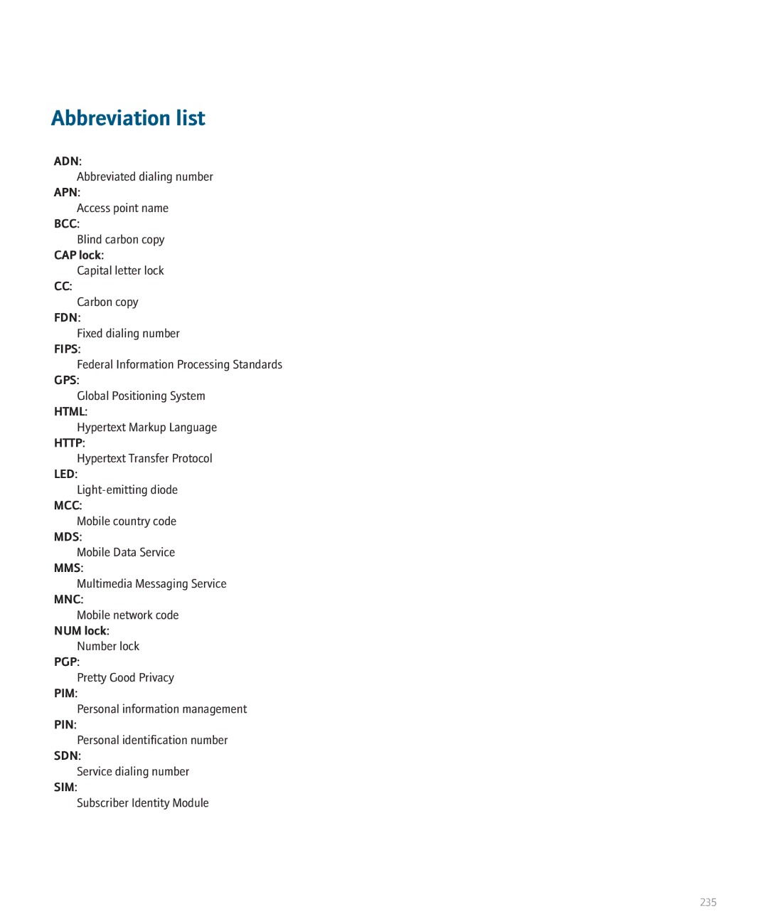 Blackberry 8707 Series manual Abbreviation list, CAP lock, NUM lock 