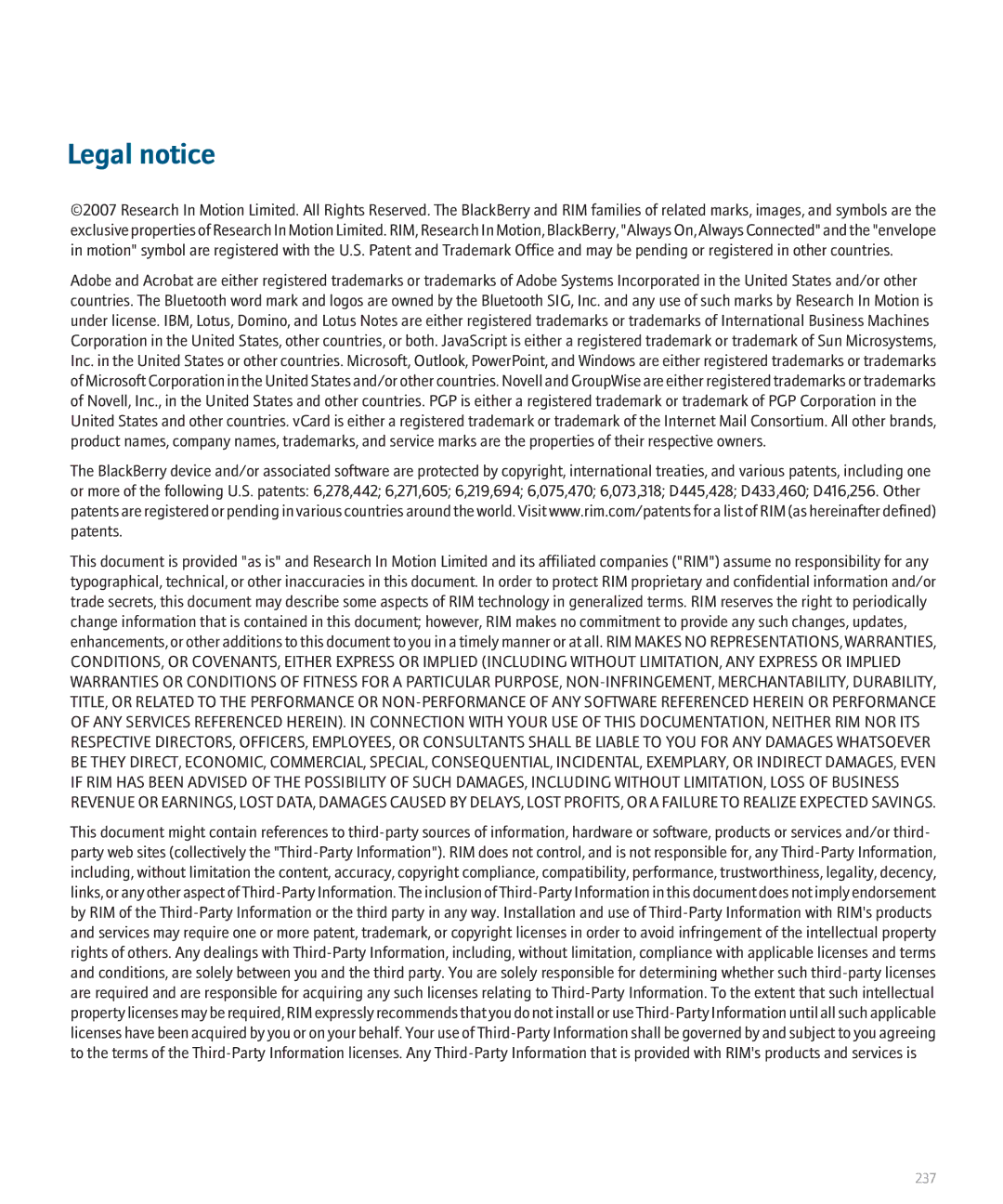 Blackberry 8707 Series manual Legal notice 