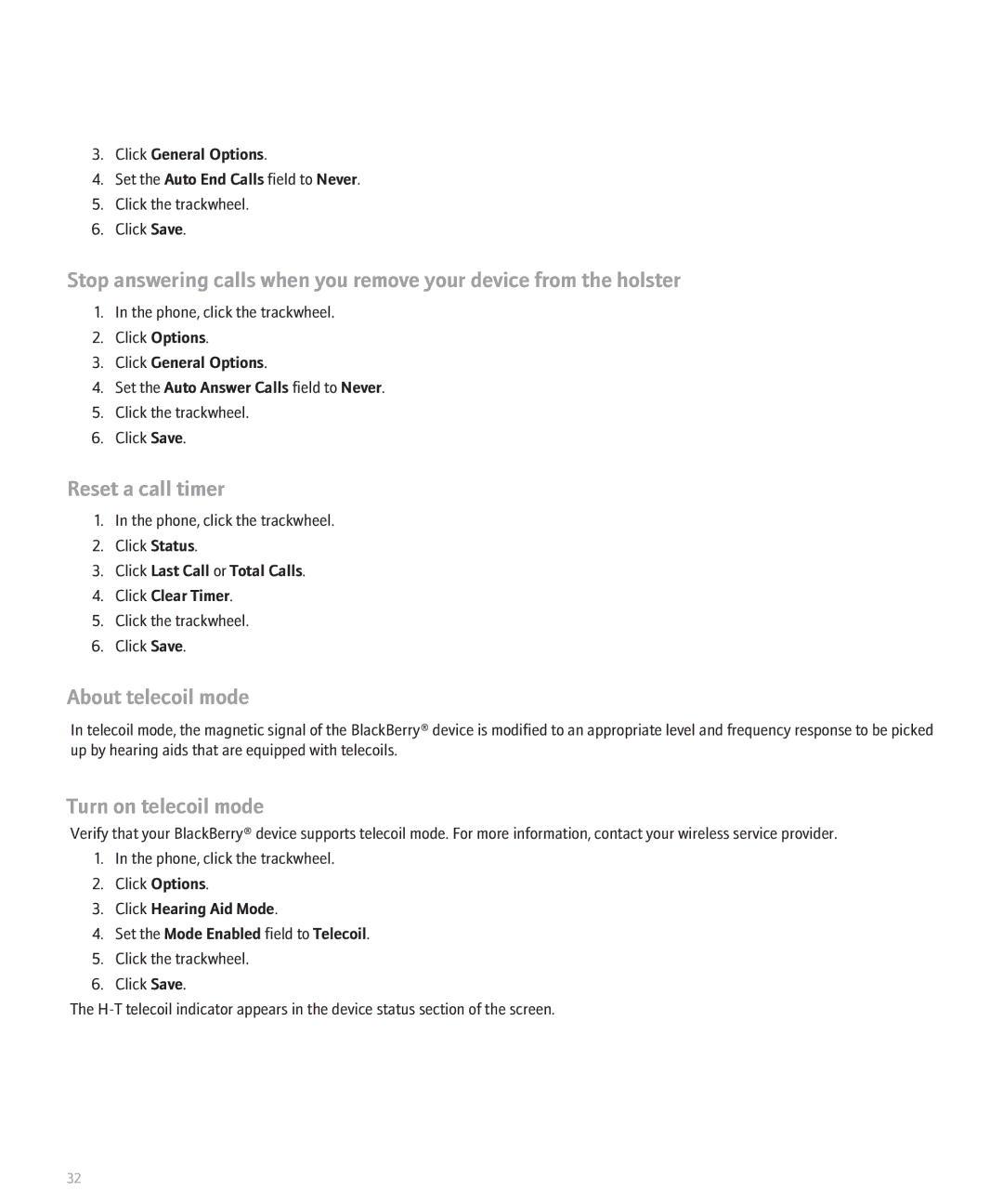 Blackberry 8707 Series manual Reset a call timer, About telecoil mode, Turn on telecoil mode 