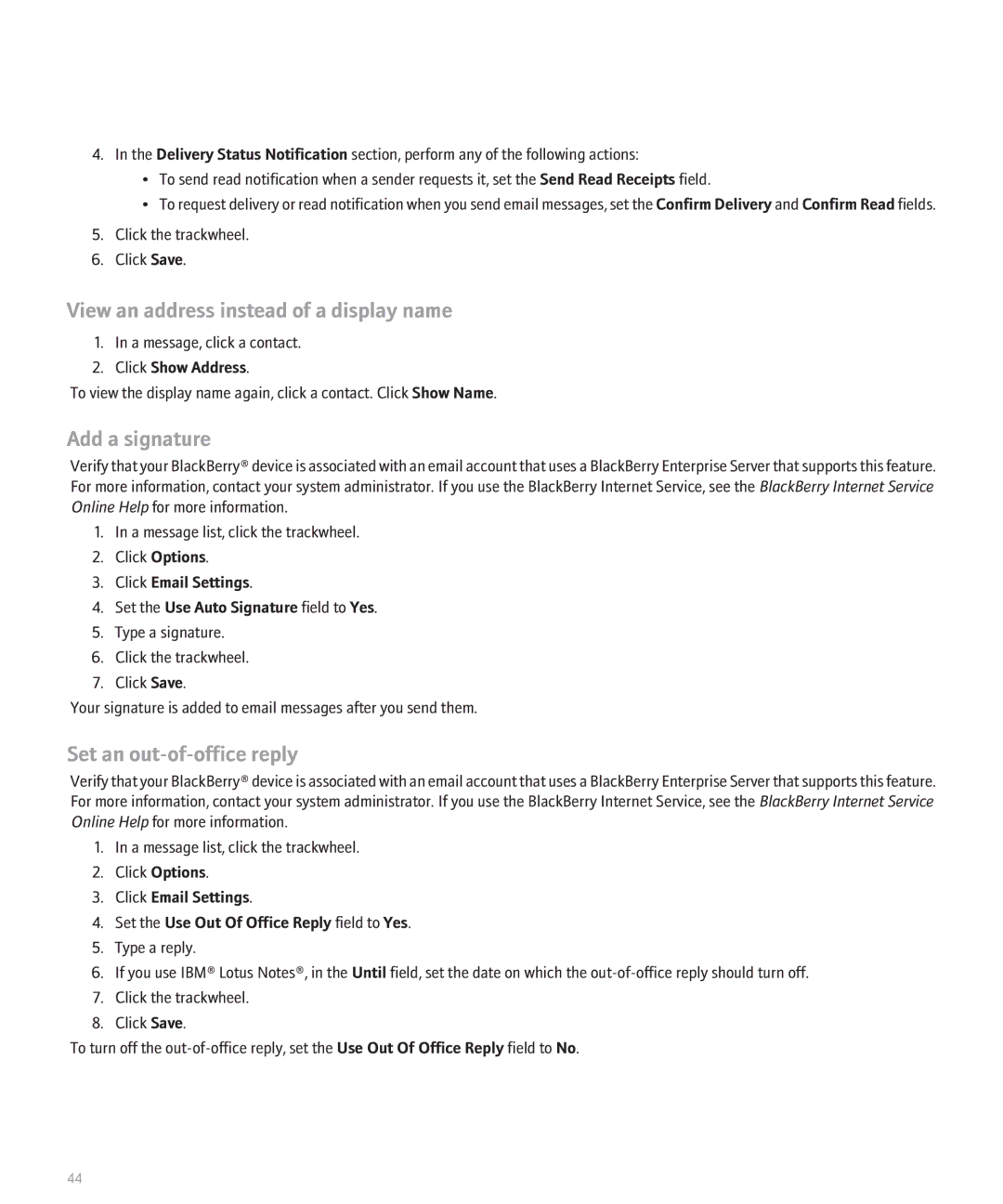 Blackberry 8707 Series manual View an address instead of a display name, Add a signature, Set an out-of-office reply 