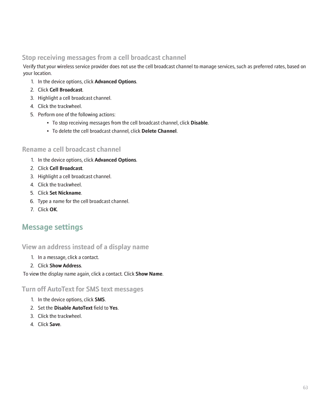 Blackberry 8707 Series manual Stop receiving messages from a cell broadcast channel, Rename a cell broadcast channel 