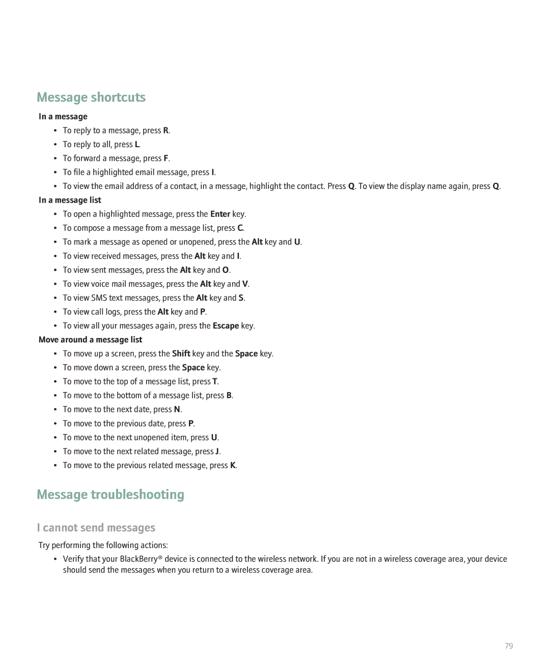 Blackberry 8707 Series manual Message shortcuts 