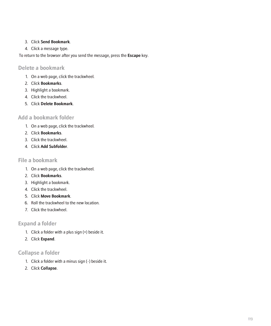 Blackberry 8707 manual Delete a bookmark, Add a bookmark folder, File a bookmark, Expand a folder, Collapse a folder 