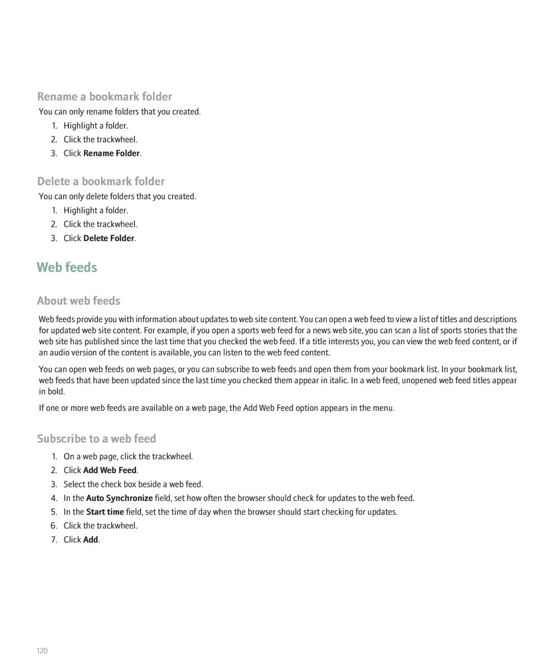 Blackberry 8707 Web feeds, Rename a bookmark folder, Delete a bookmark folder, About web feeds, Subscribe to a web feed 