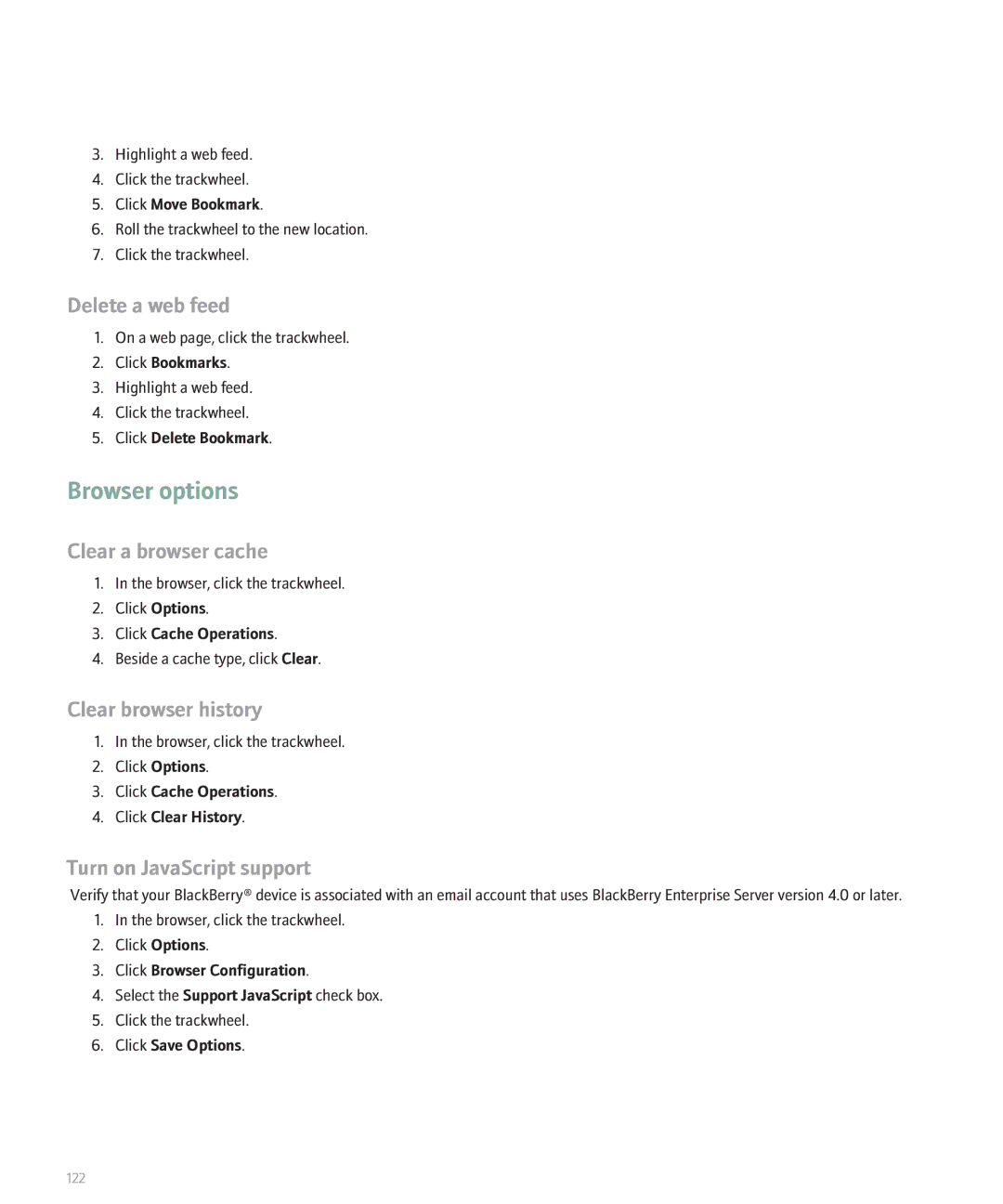 Blackberry 8707 manual Browser options, Delete a web feed, Clear a browser cache, Clear browser history 