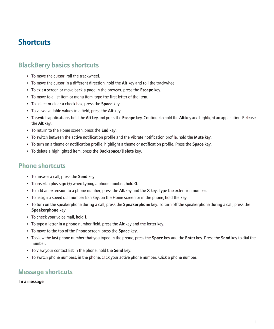 Blackberry 8707 manual Shortcuts, Phone shortcuts, Message shortcuts, A message 