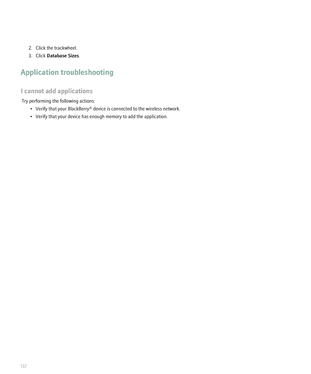 Blackberry 8707 manual Application troubleshooting, Cannot add applications, Click Database Sizes 