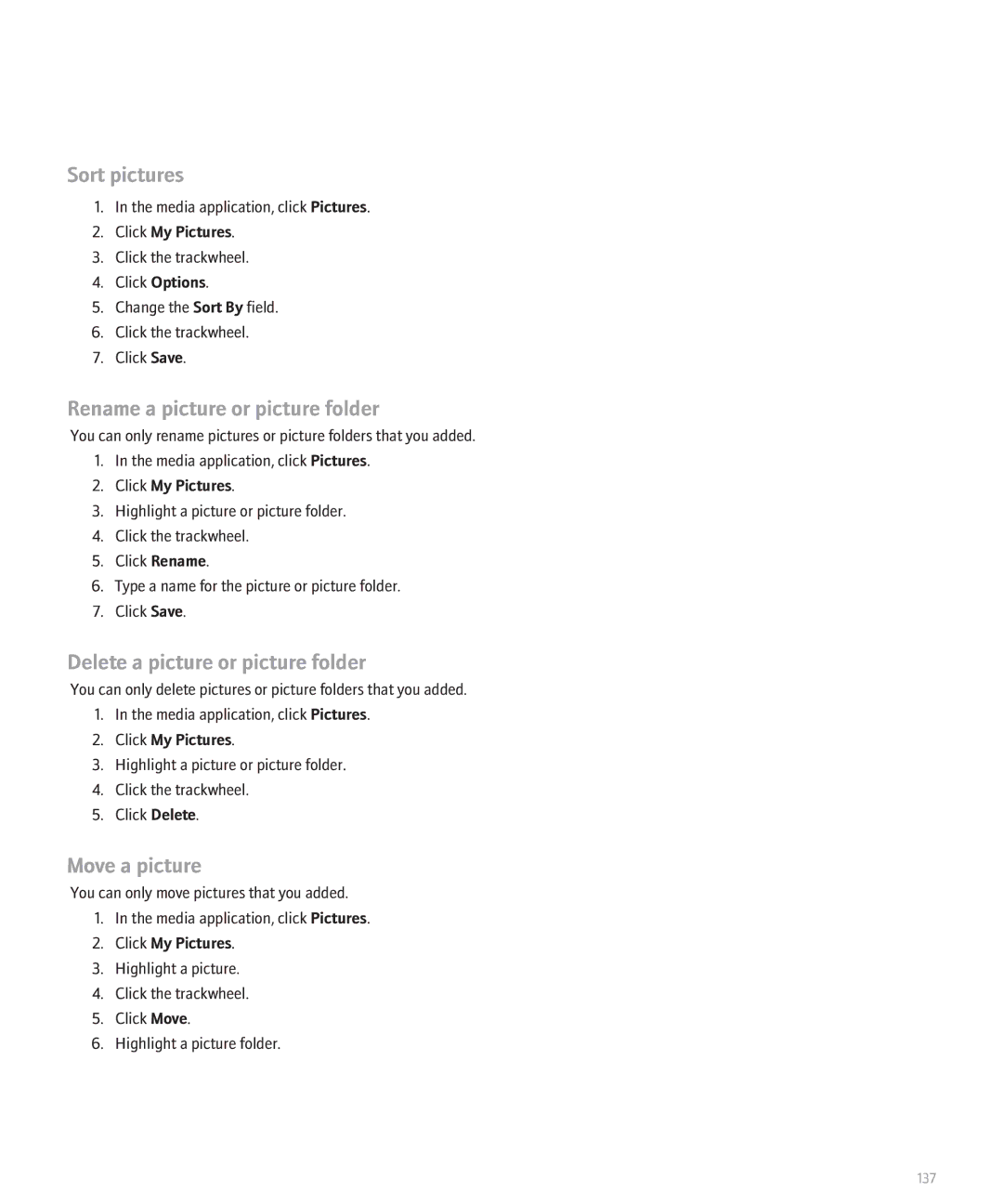 Blackberry 8707 Sort pictures, Rename a picture or picture folder, Delete a picture or picture folder, Move a picture 