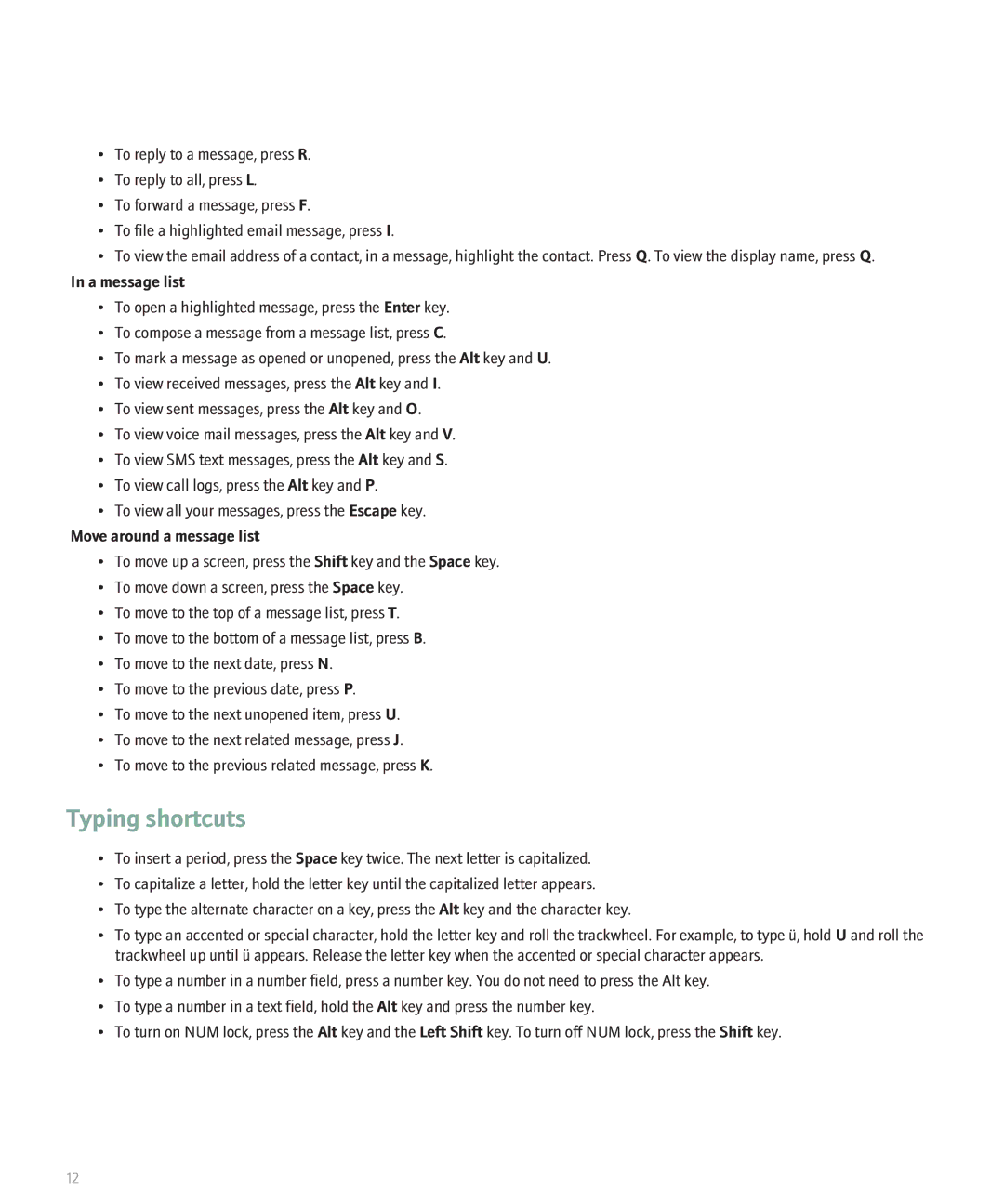 Blackberry 8707 manual Typing shortcuts, A message list, Move around a message list 