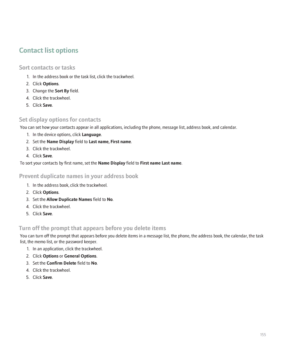 Blackberry 8707 manual Contact list options, Sort contacts or tasks, Set display options for contacts 