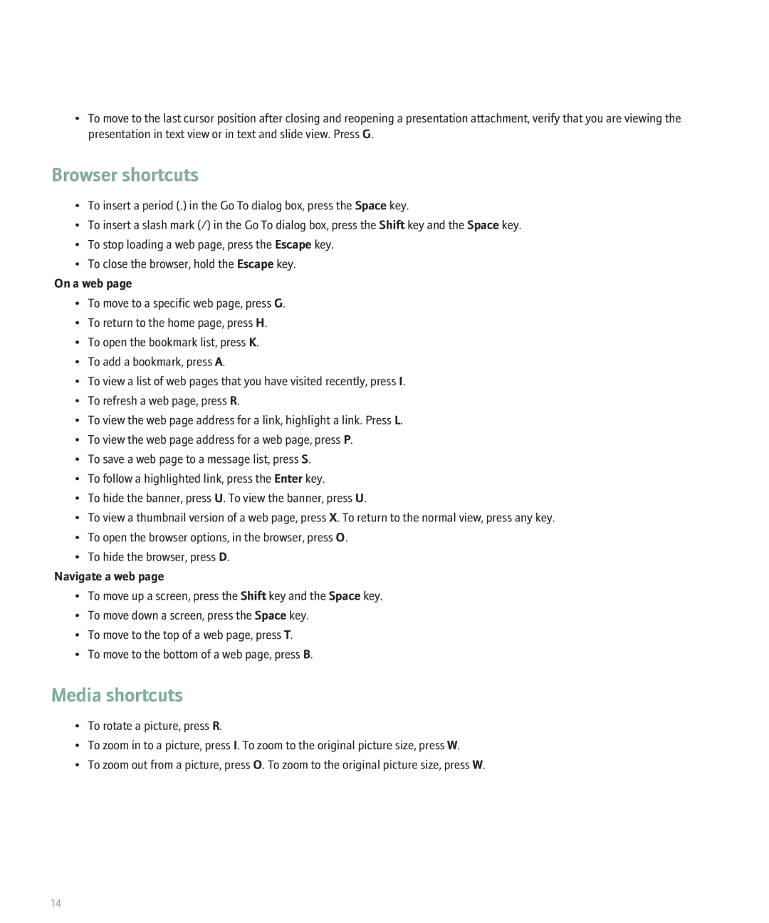 Blackberry 8707 manual Browser shortcuts, Media shortcuts, On a web, Navigate a web 