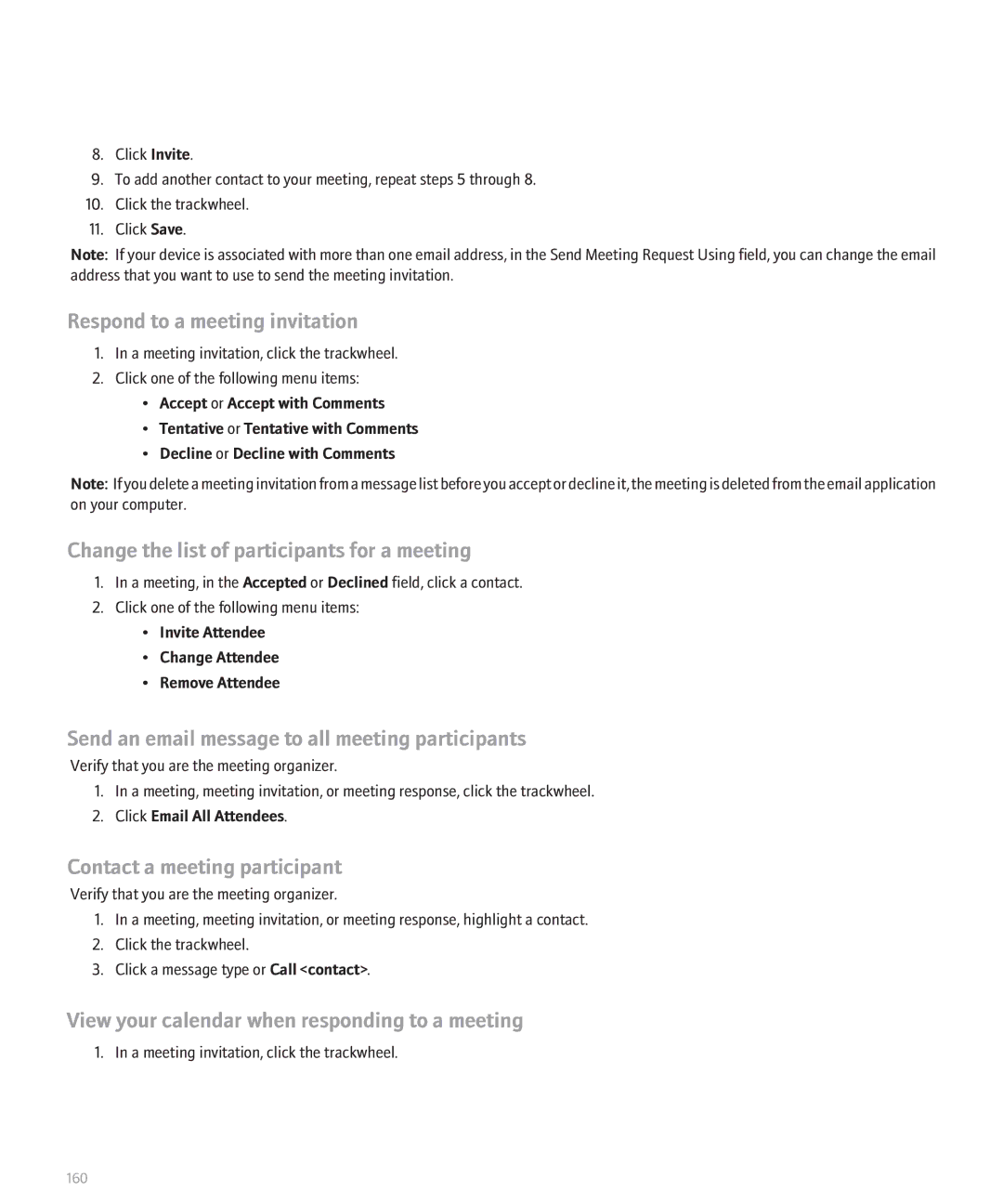 Blackberry 8707 manual Respond to a meeting invitation, Change the list of participants for a meeting 