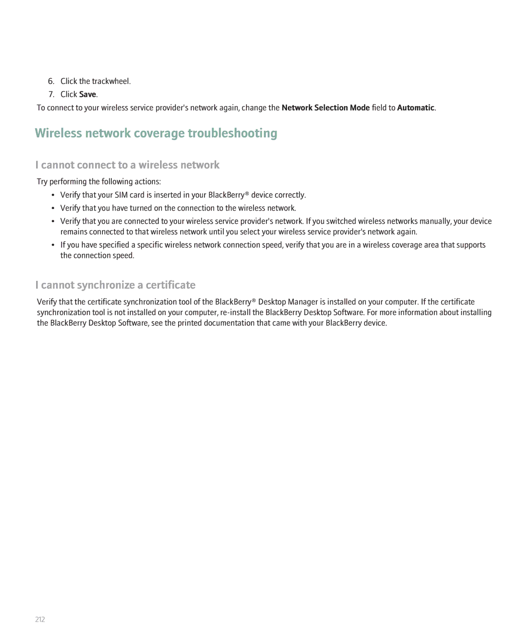 Blackberry 8707 manual Wireless network coverage troubleshooting, Cannot connect to a wireless network 