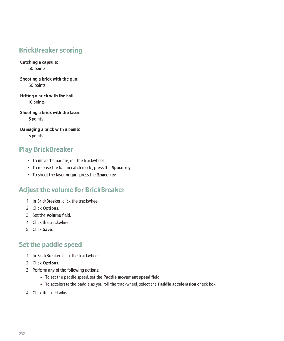 Blackberry 8707 manual BrickBreaker scoring, Play BrickBreaker, Adjust the volume for BrickBreaker, Set the paddle speed 