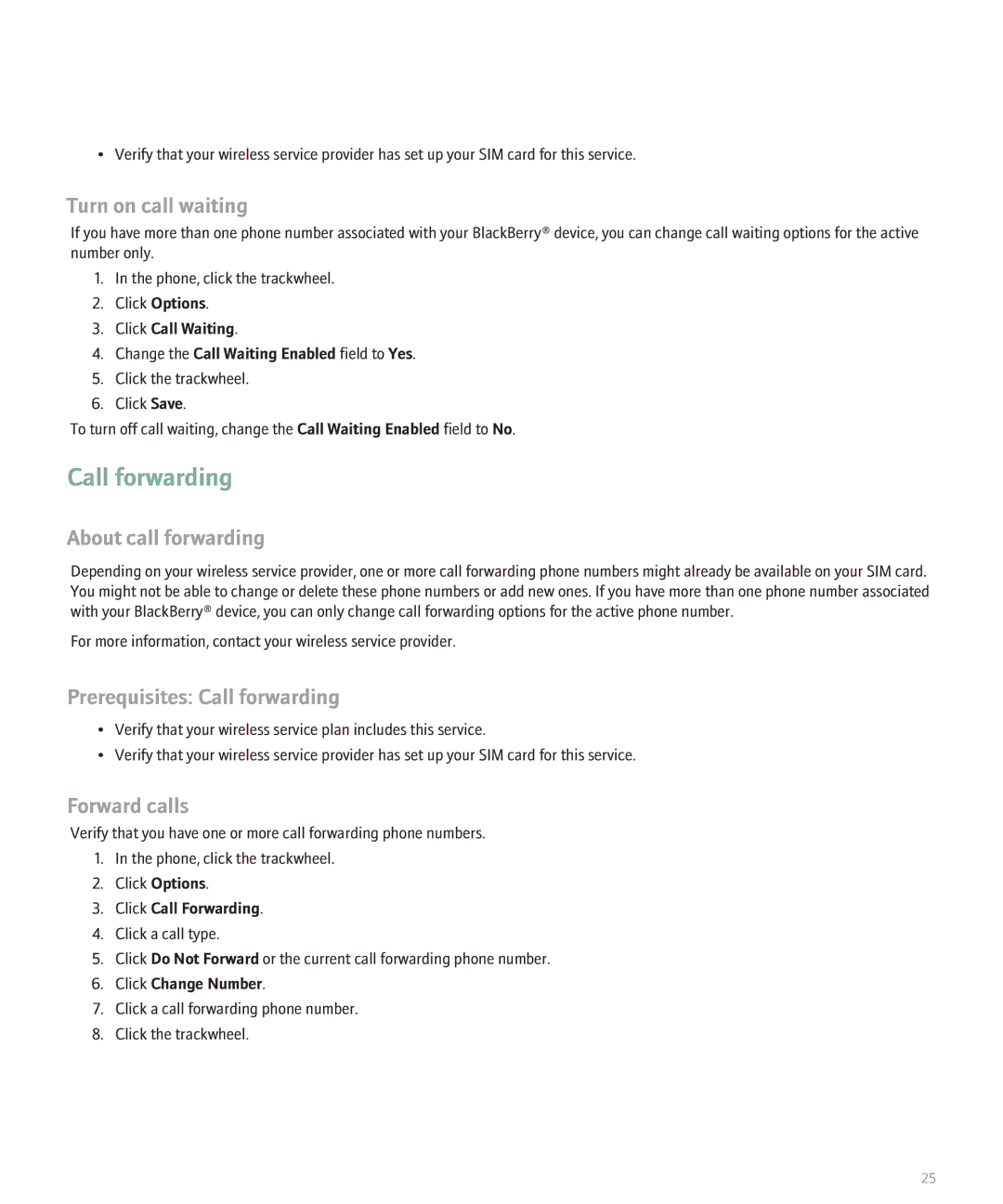Blackberry 8707 manual Turn on call waiting, About call forwarding, Prerequisites Call forwarding, Forward calls 