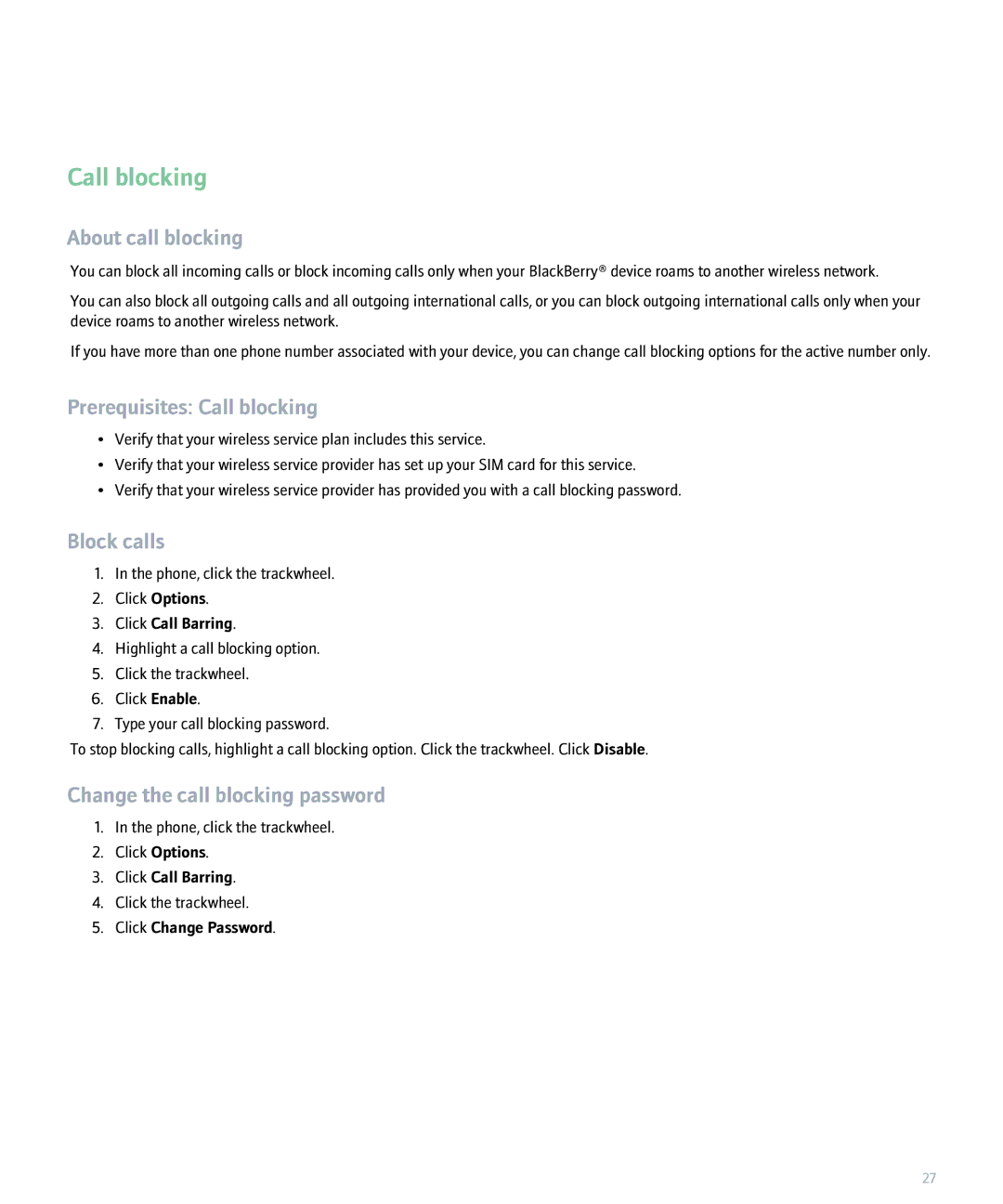 Blackberry 8707 manual About call blocking, Prerequisites Call blocking, Block calls, Change the call blocking password 