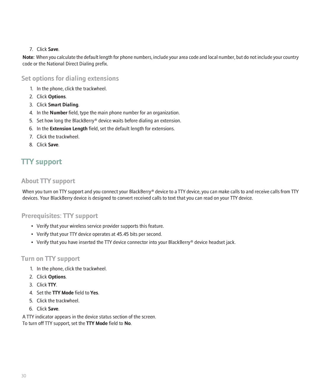 Blackberry 8707 Set options for dialing extensions, About TTY support, Prerequisites TTY support, Turn on TTY support 